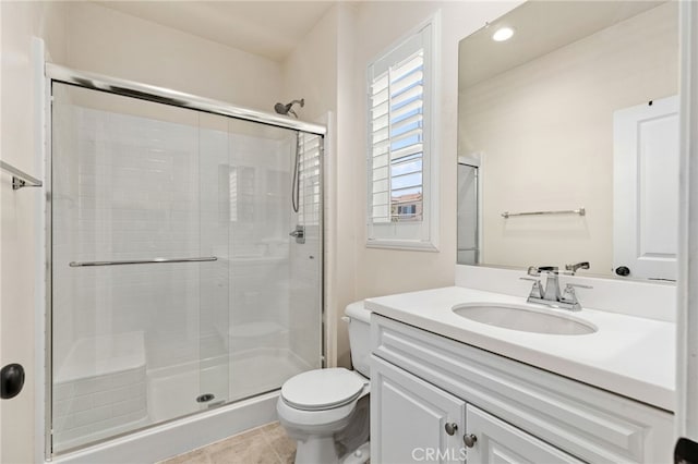 bathroom with tile patterned flooring, a shower stall, toilet, recessed lighting, and vanity