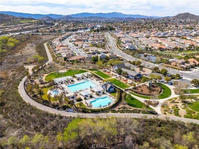 bird's eye view featuring a mountain view and a residential view