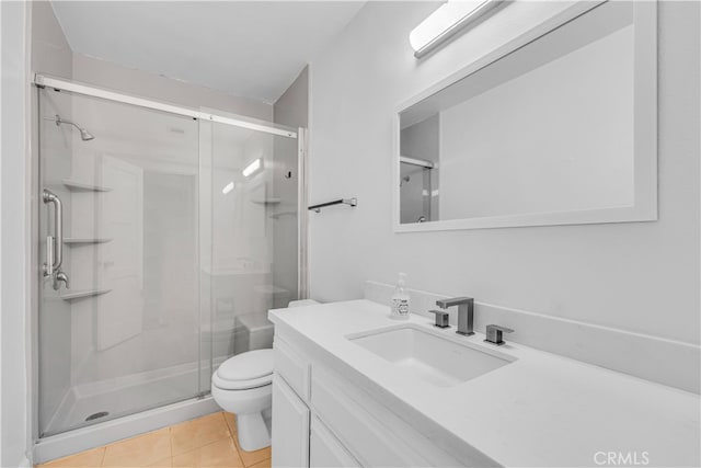 full bath with tile patterned floors, vanity, toilet, and a shower stall