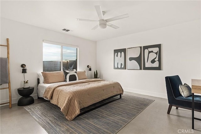 bedroom with ceiling fan, visible vents, baseboards, and finished concrete floors