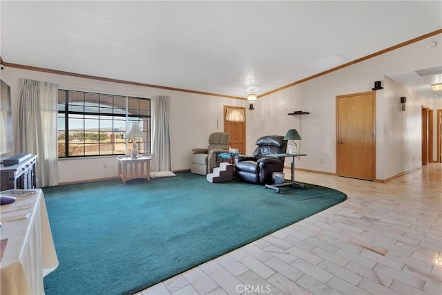 exercise area featuring vaulted ceiling, baseboards, carpet, and ornamental molding