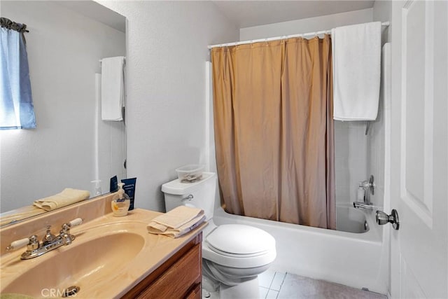 bathroom featuring vanity, shower / bath combination with curtain, toilet, and tile patterned flooring