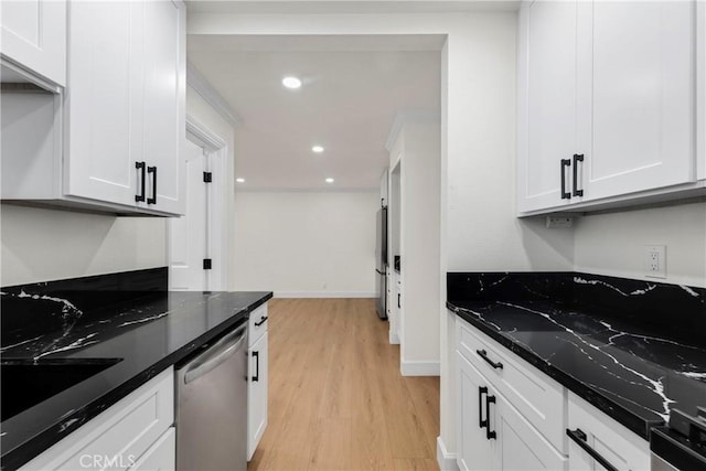 kitchen with white cabinetry, light wood-style flooring, recessed lighting, and stainless steel appliances