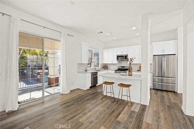 kitchen with white cabinets, tasteful backsplash, dark wood-style flooring, and stainless steel appliances