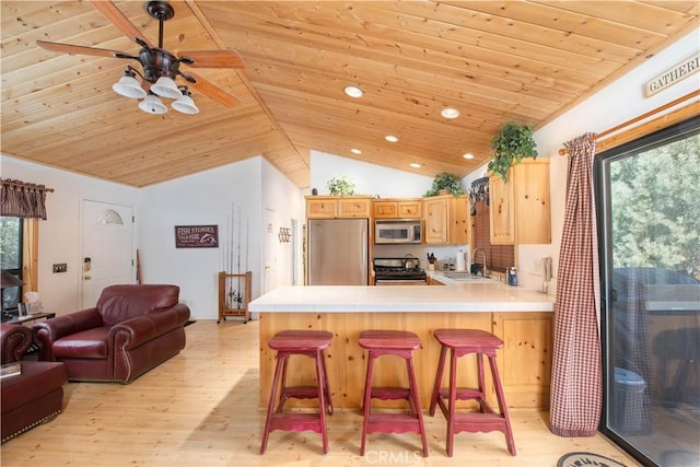 kitchen featuring a sink, light wood-style floors, appliances with stainless steel finishes, wooden ceiling, and lofted ceiling