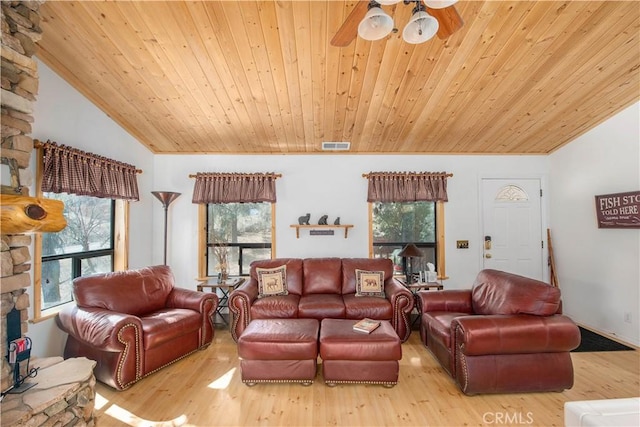 living room featuring wooden ceiling, a fireplace, light wood-style floors, and vaulted ceiling