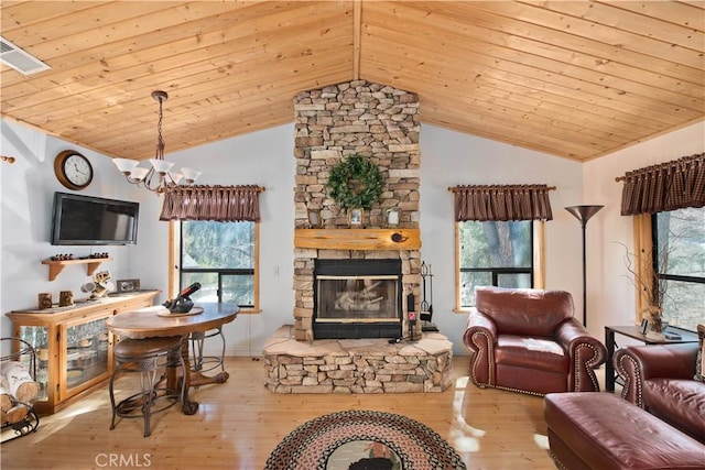 living area featuring wood finished floors, visible vents, a healthy amount of sunlight, a fireplace, and wooden ceiling