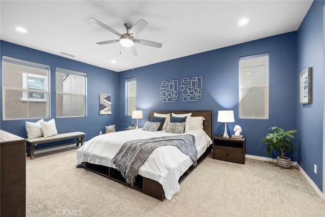 bedroom with visible vents, recessed lighting, carpet, baseboards, and ceiling fan