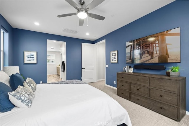 carpeted bedroom featuring recessed lighting, visible vents, ceiling fan, and baseboards