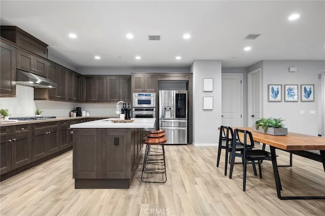 kitchen featuring visible vents, under cabinet range hood, dark brown cabinetry, light countertops, and appliances with stainless steel finishes