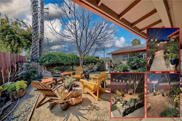 view of patio with a fenced backyard and an outdoor fire pit