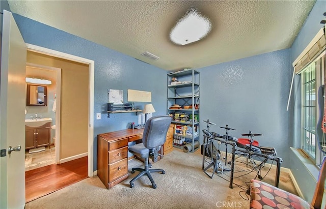 carpeted home office featuring visible vents, baseboards, a textured wall, a textured ceiling, and a sink