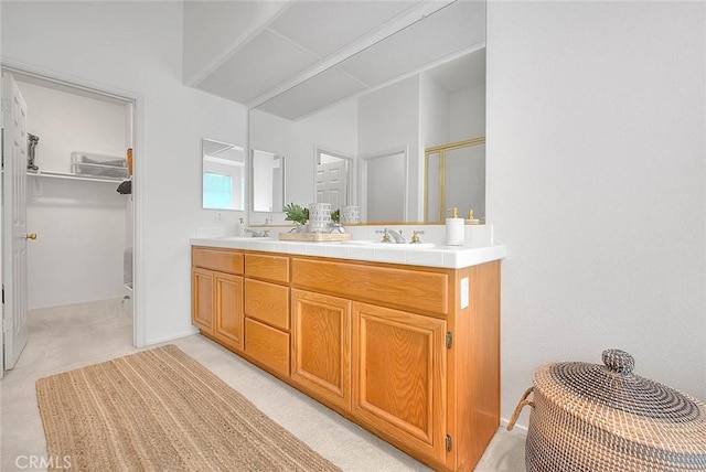 bathroom featuring double vanity, a shower with shower door, a spacious closet, and a sink