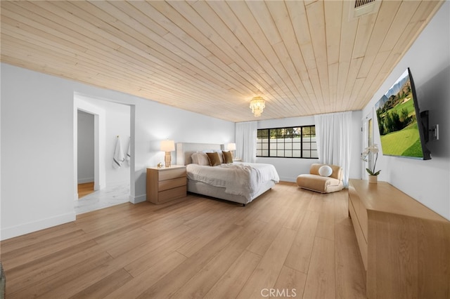 bedroom with wood ceiling, light wood-type flooring, baseboards, and visible vents