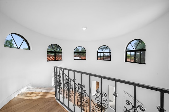 hallway featuring wood finished floors, an upstairs landing, and a wealth of natural light