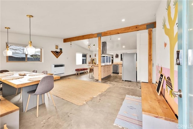 dining area with lofted ceiling with beams, heating unit, concrete floors, and recessed lighting