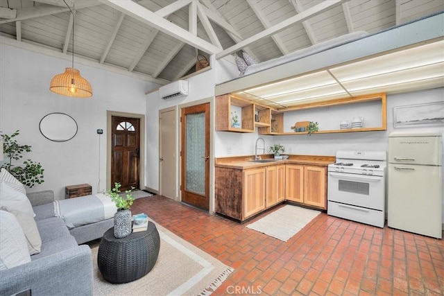 kitchen with white appliances, a wall unit AC, open shelves, butcher block countertops, and a sink