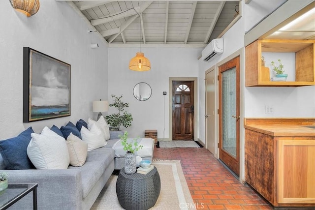 living room with beamed ceiling, wood ceiling, brick floor, and a wall mounted AC