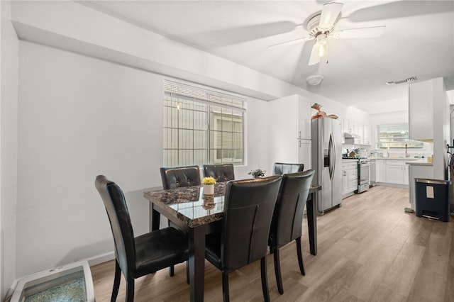 dining room featuring visible vents, baseboards, light wood-type flooring, and a ceiling fan