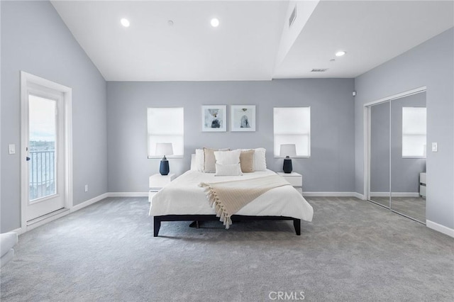 bedroom with access to exterior, baseboards, visible vents, and carpet floors