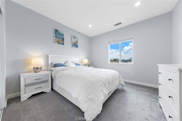 bedroom with visible vents, recessed lighting, baseboards, and carpet floors