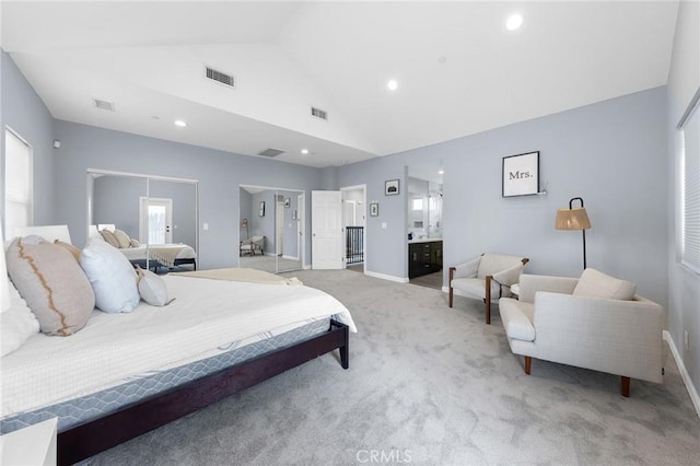 carpeted bedroom featuring recessed lighting, visible vents, and high vaulted ceiling