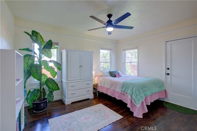 bedroom featuring a ceiling fan and wood finished floors