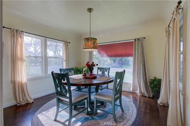 dining area with baseboards, plenty of natural light, and dark wood-style flooring