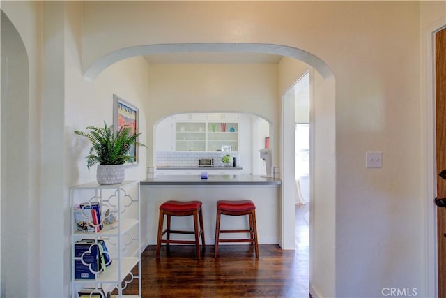 kitchen featuring dark wood-type flooring and backsplash