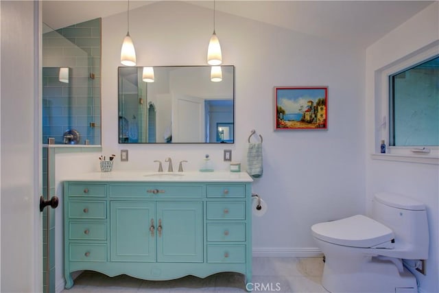 full bathroom with baseboards, toilet, lofted ceiling, an enclosed shower, and vanity