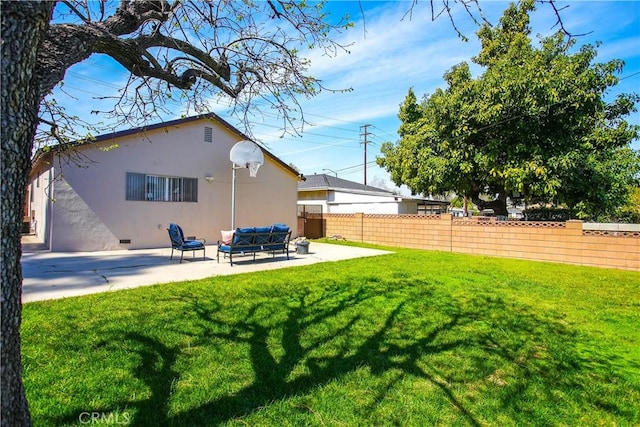 view of yard with an outdoor hangout area, a patio, and fence