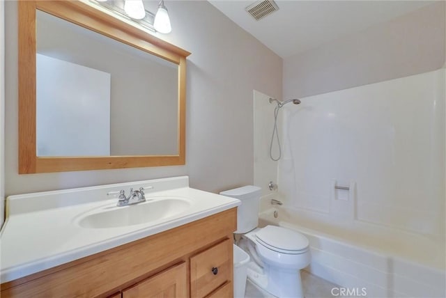 full bath featuring visible vents, toilet, vanity, and bathtub / shower combination