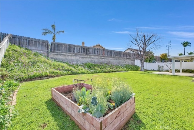 view of yard featuring a fenced backyard and a vegetable garden