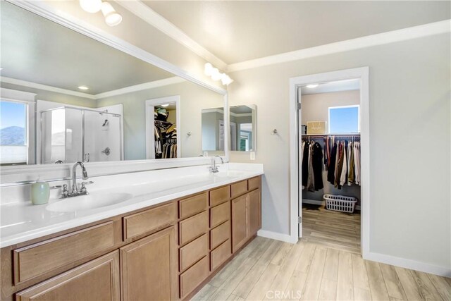 full bath featuring a sink, a spacious closet, wood finished floors, and a shower stall