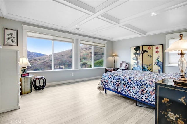 bedroom featuring crown molding, beamed ceiling, wood finished floors, and coffered ceiling