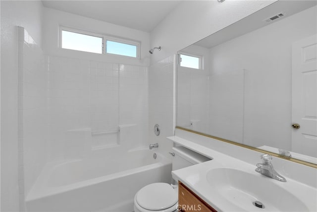 bathroom with bathing tub / shower combination, visible vents, toilet, and vanity