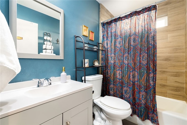full bathroom with toilet, shower / bathtub combination with curtain, vanity, and a textured wall