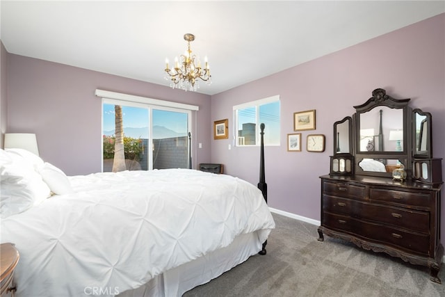 bedroom with light carpet, a notable chandelier, access to outside, and baseboards