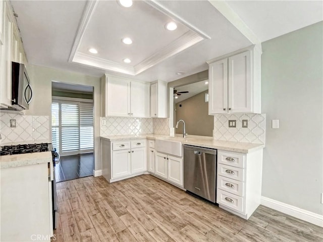 kitchen with a sink, stainless steel appliances, a raised ceiling, and light wood-style flooring