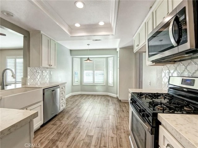 kitchen with stainless steel appliances, light wood-type flooring, a tray ceiling, and light countertops