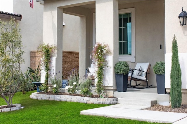 entrance to property with stucco siding, a lawn, and covered porch