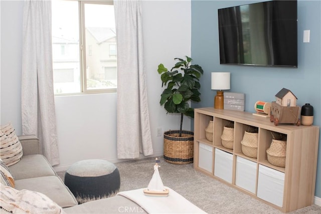 living area featuring carpet flooring