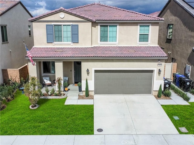 view of front of property featuring stucco siding, a porch, a front lawn, and a tile roof