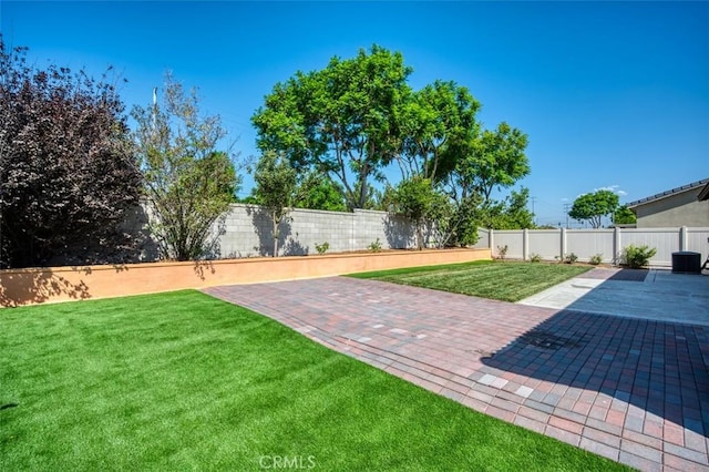 view of yard with a patio area and a fenced backyard