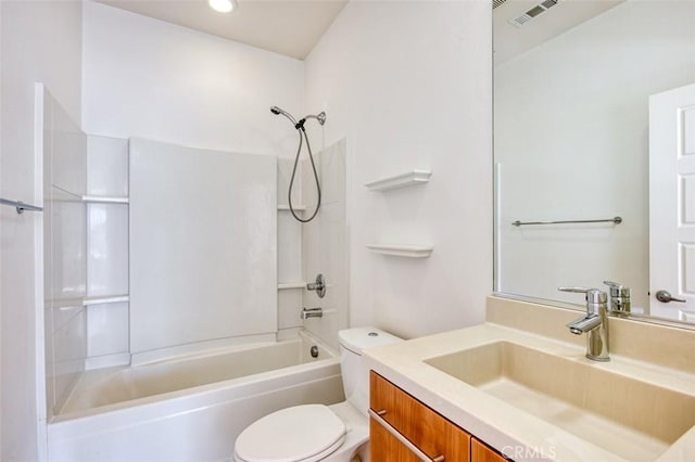 full bathroom featuring shower / bathing tub combination, visible vents, toilet, and vanity