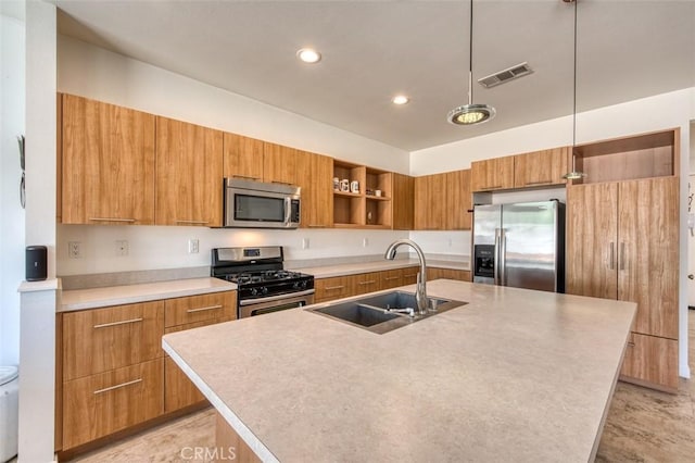 kitchen featuring visible vents, a sink, open shelves, stainless steel appliances, and brown cabinetry