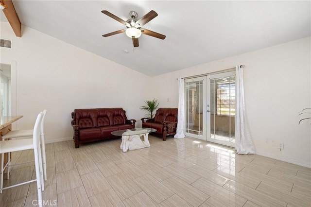 living area featuring visible vents, baseboards, lofted ceiling with beams, french doors, and a ceiling fan