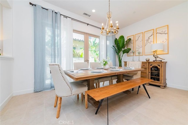 dining area featuring an inviting chandelier, recessed lighting, baseboards, and visible vents