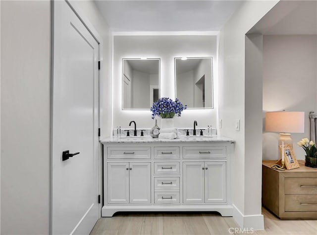 full bath featuring a sink, baseboards, wood finished floors, and double vanity