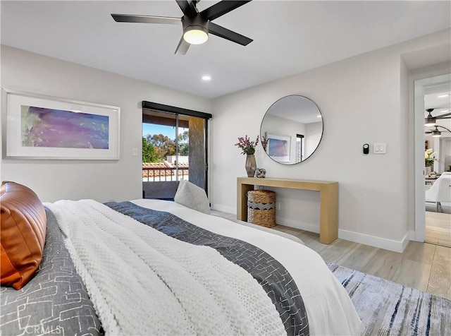 bedroom with wood finished floors, baseboards, ceiling fan, access to outside, and recessed lighting